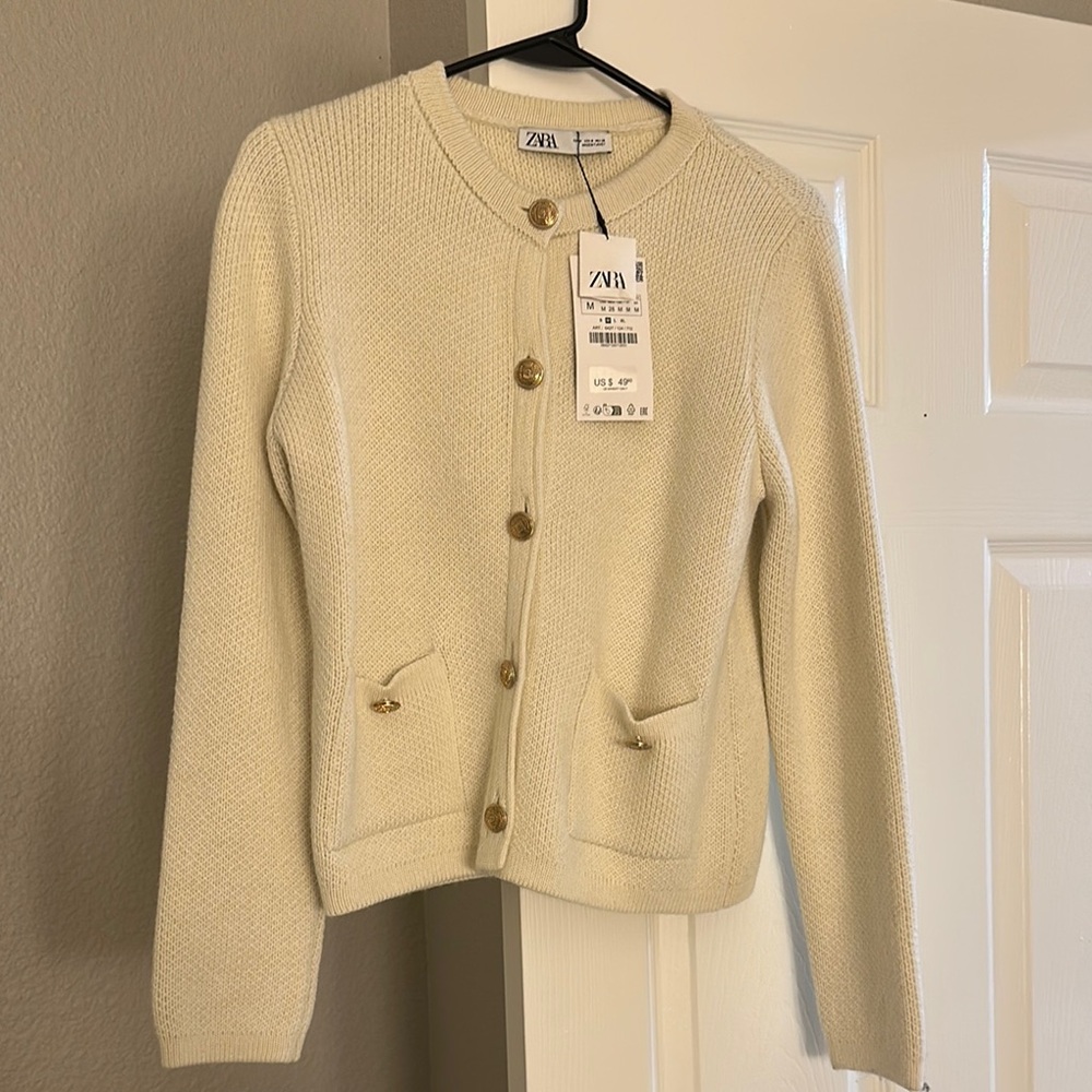 Zara Cream Textured Knit Cardigan Sweater
